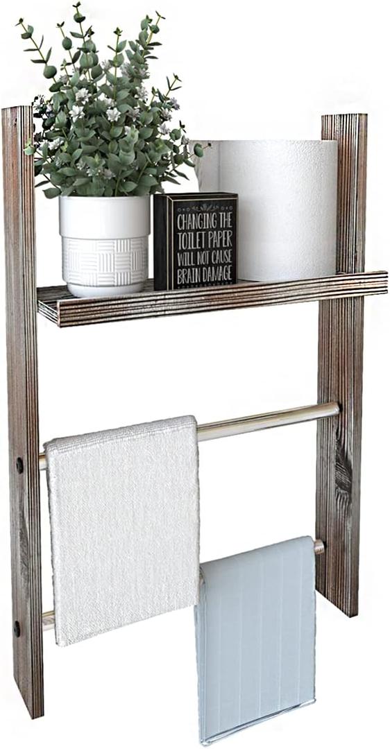 J JACKCUBE DESIGN Rustic Wood Wall Mount Towel Rack with Shelf, Blanket Ladder for Bathroom, Kitchen Hand Towels Holder, Stainless Towel Bar Hanger Farmhouse Decor - MK576A