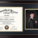 GraduationMall 11x22 Mahogany Diploma Frame with Tassel Holder and Picture for 8.5x11 Certificate 5x7 Photo,Real Glass,Black over Gold Mat