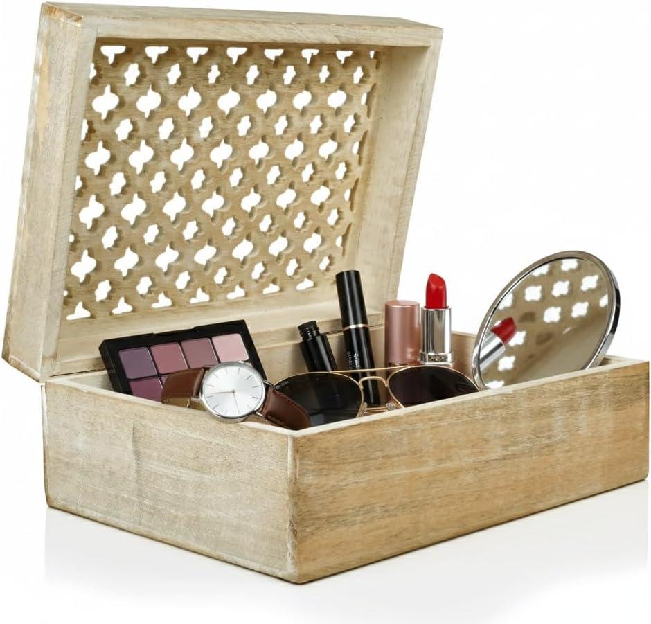 Mela Artisans Extra Large Wooden Keepsake Box | Whitewash Memory & Handcrafted Decorative Storage Chest for Jewelry, Photos & Trinkets | Vintage Style storage Box | Trellis Design | 10.5 x 7.5 x 4