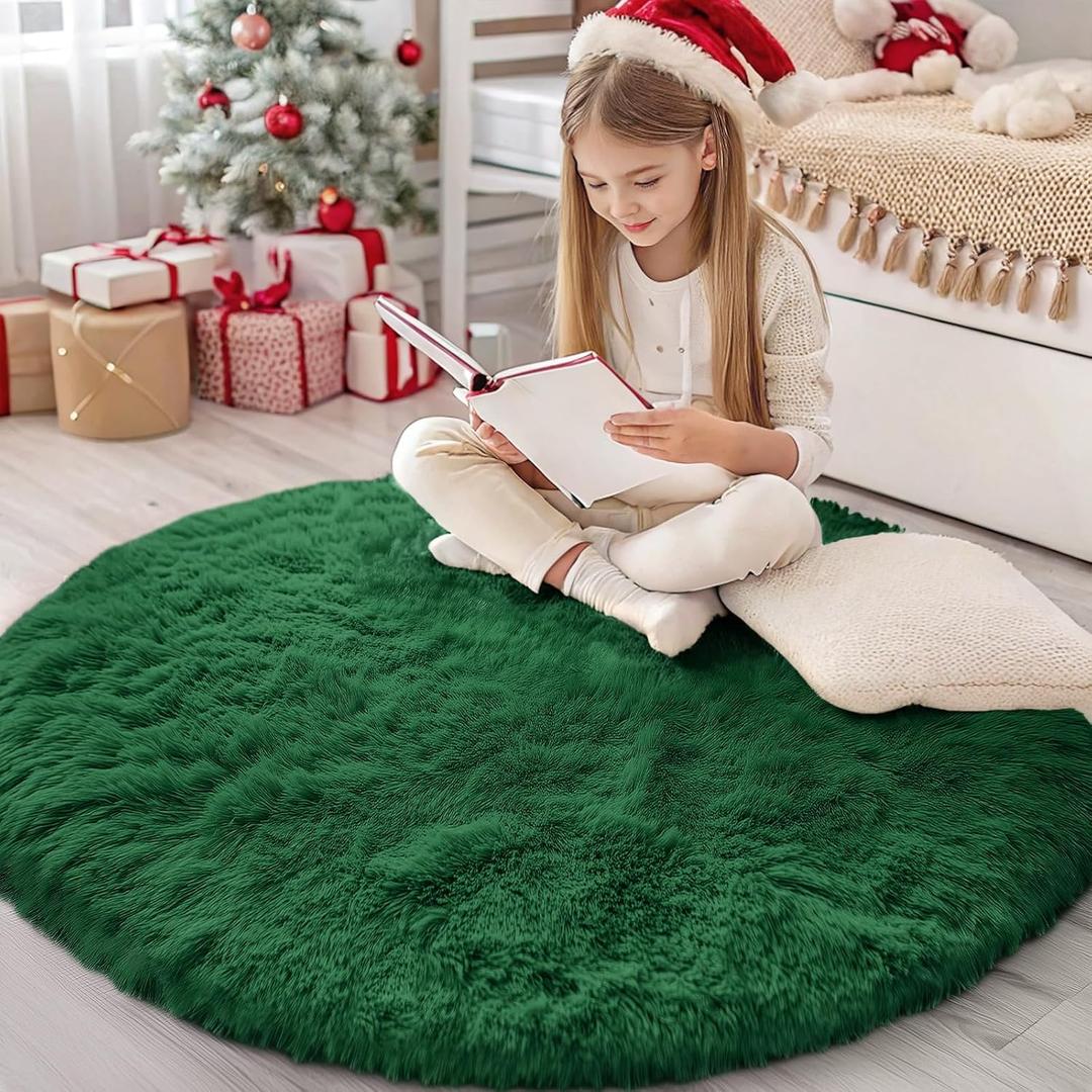 OLANLY Dark Green Round Rugs for Bedroom - Machine Washable, 4 ft Circle Area Rugs for Living Room, Soft and Fluffy Shaggy Carpet for Teen Girls and Boys, Nursery Rooms, Dorms, Home Decor Aesthetic
