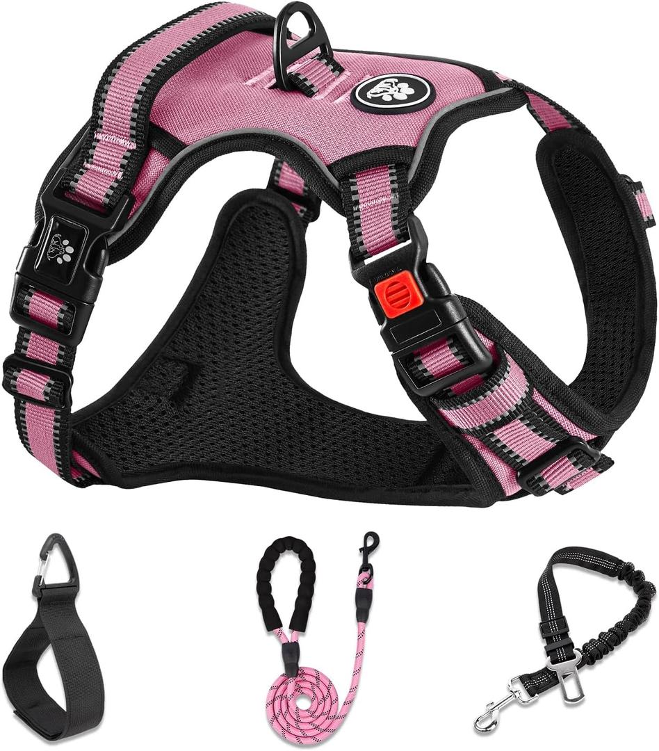 NESTROAD No Pull Dog Harness,Adjustable Oxford Dog Vest Harness with Leash,Reflective No-Choke Pet Harness with Easy Control Soft Handle for Large Dogs(Large,Pink) (Lneck 15-19" chest 19-29")
