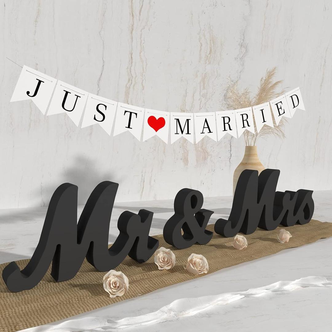 Mr and Mrs Sign & Just Married Banner, Mr & Mrs Signs for Wedding Table, Large Wooden Letters for Sweetheart Table, Photo Props Wedding Decorations for Anniversary, Black