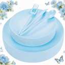 EI 150pcs Blue Plastic Plates Disposable Light Blue Baby Shower Plates Heavy Duty Dinnerware Set Plastic Silverware for Party,Wedding,Easter,Spring Afternoon Tea