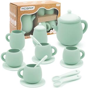 MCGMITT Silicone Tea Set, Tea Party Set for Little Girls Boys, 15 Pcs BPA Free Dishwasher Safe Pretend Tea Set for Toddlers Kids Age 3-6, Cute Toy Kitchen Accessories for Children Birthday Gifts (Green)