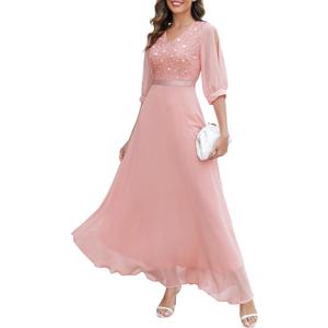 Wedtrend Women's Sequin Dresses Sparkly Glitter Dress Split Sleeves Formal Dresses Maxi Evening Dress (Pink, L)