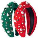 2Pcs Christmas Headbands for Women, Solid Color Rhinestones Holiday Knot Hair Hoops, Festive Pearl Hair Accessory Gift(Red&Green)