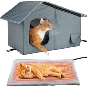 Weatherproof Heated Cat Houses for Outdoor Cats - Insulated Cat Shelter for Winter with Thermostatic Heating Pad and Escape Door, Warm Outside Pet House Gift for 1-2 Feral Cats (Medium)