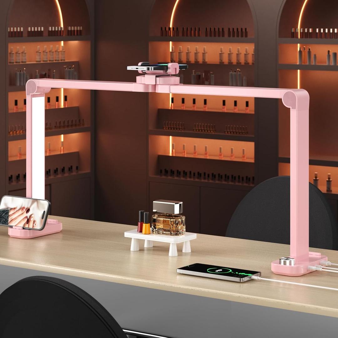 Nail Light for Desk,34 Inch 48W Half Moon Light-Adjustable 3000K-6000K Color Temp, 0-100% Brightness,Nails lamp with Phone Stand,for Nails Art,Tattoo,Eyebrow,Beauty,Reading,Salon