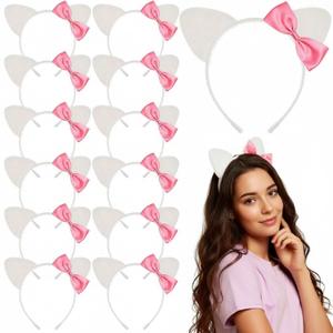 12 Pcs Kitty Cat Ears Headbands Gift for Christmas Kitty Friends Birthday Party Favor Kitten Decoration(Pink,Classic)