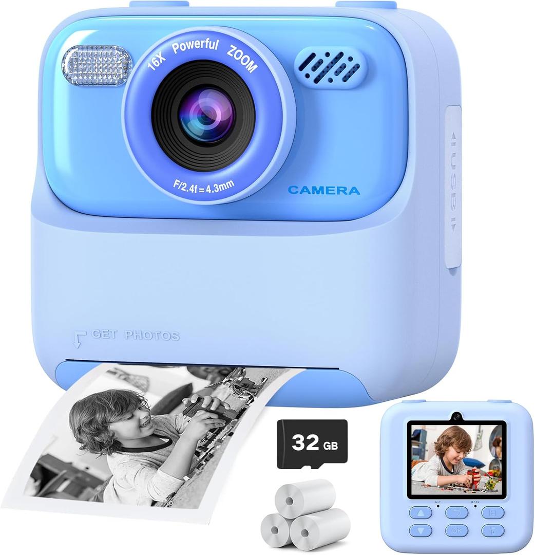 Kids Instant Digital Cameras for Boys and Girls, 1080P HD Dual-Lens Selfie Digital Camera with Print Paper & 32G Card, Christmas Birthday Gifts Toys for Toddler and Teenagers Age 3-16 Years Old, Blue