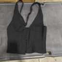 Black halter-neck corset-style top with a deep V-neckline and front hook-and-eye closure, Large