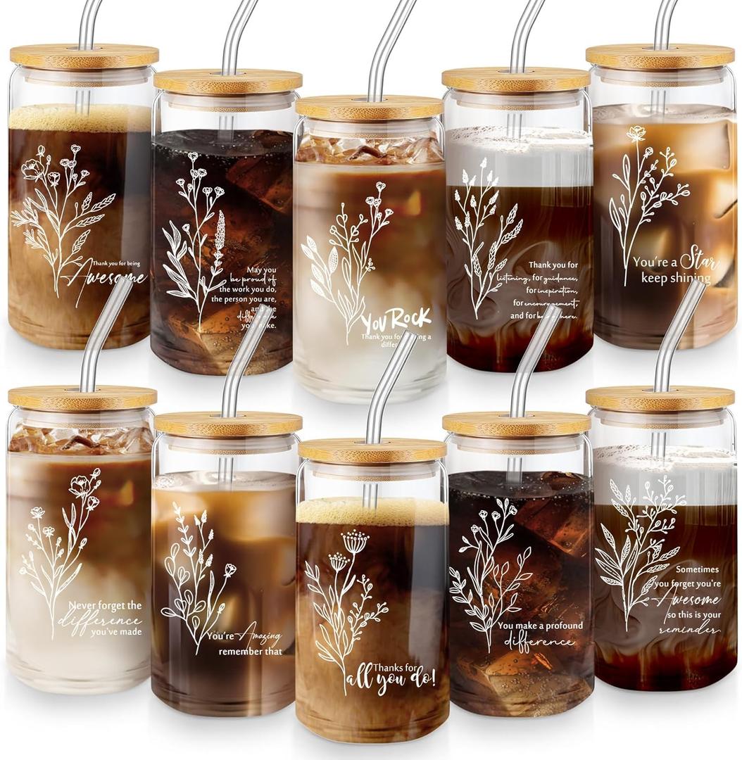 Blushtier Employee Appreciation Gifts Bulk Nurse Inspirational Thank You Gifts 16 oz Glass Cups with Lids Straws Favors for Graduation Teacher Employee Coworker Staff(Thanks,10 Pcs)