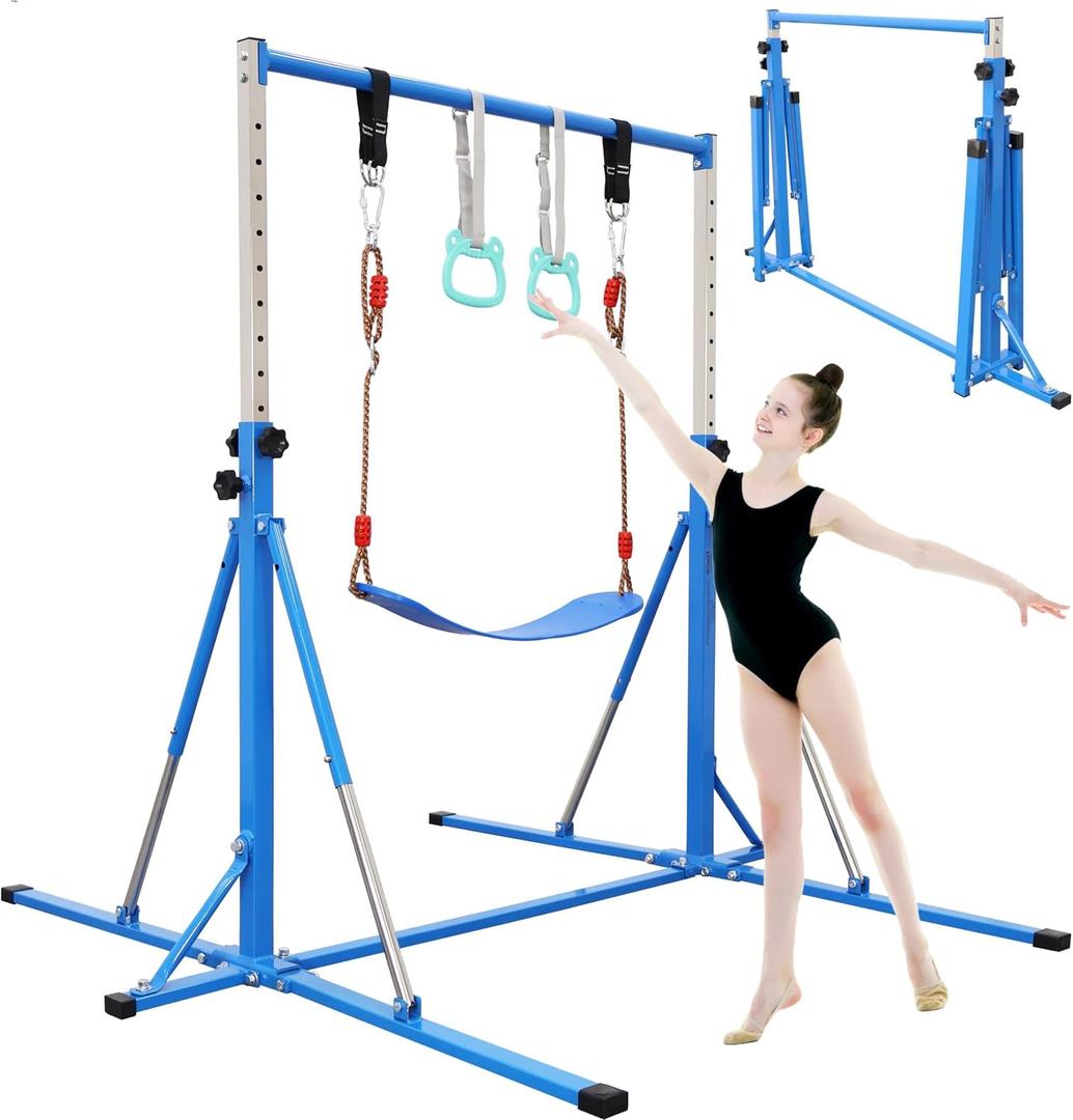 FC FUNCHEER Foldable Gymnastics Bar,5FT Horizontal bar,Adjustable Kids Training bar for Kids Ages 3-15,Kids Gymnastics bar,Triangle Stable Structure-Gym Equipment for Home