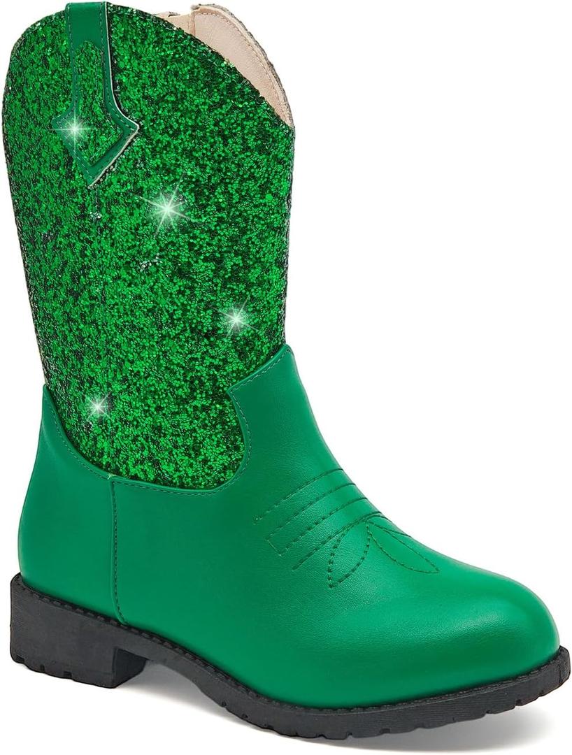 Sparkly Girls Cowgirl Boots Glitter Cowboy Dress Boots for Little to Big Kid Mid Calf Round Toe Birthday Horse Riding (Green)