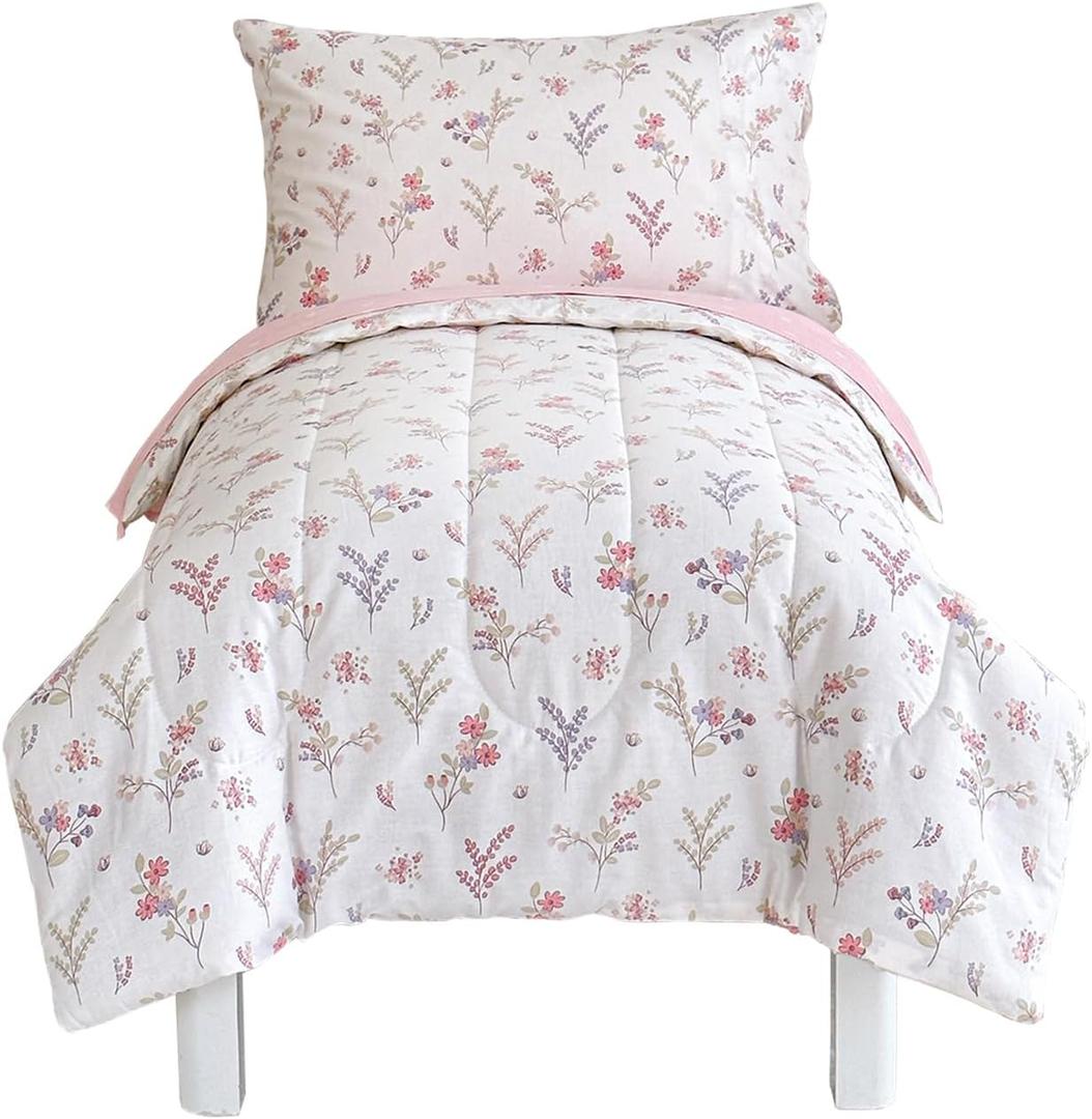 Joyreap 4 Piece Cotton Toddler Bedding Set for Girls, Flowers n Leaves Pink Design, Soft Breathable Cotton Toddler Comforter Set, Includes Quilted Comforter, Fitted Sheet, Top Sheet, and Pillow Case, Standard Toddler Size