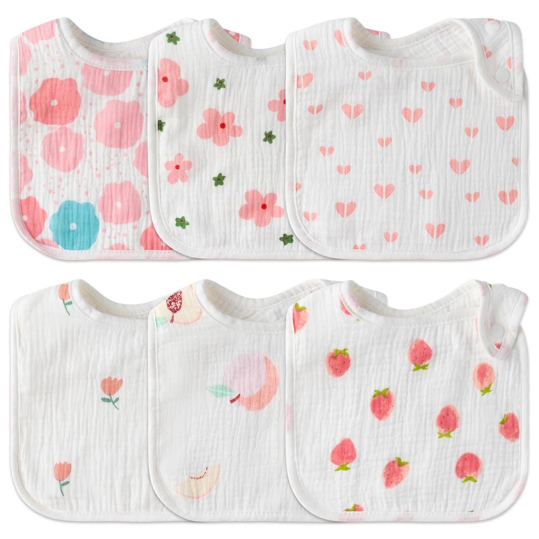 Zainpe 6Pcs Snap Muslin Cotton Baby Bibs Flowers Strawberry Patterns Infants Drooling Bib Soft Absorbent Adjustable Feeding Burp Cloths for Newborns Boy Girl Toddlers Teething Eating 0 to 36 Months (White & Pink)