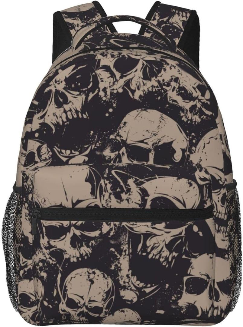Retro Skull Lightweight Travel Backpack With Zipped Front Pocket Printed Laptop Bag Fashion Casual Daypack For Work, Hiking, Camping Unisex