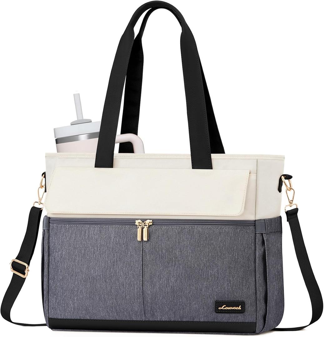 LOVEVOOK Laptop Bag for Women 15.6 Inch Canvas Laptop Large Capacity Work Bags Multiple Pockets Teacher Bag Water Resistant Computer Bags for Business Travel Nurse, Gray Beige