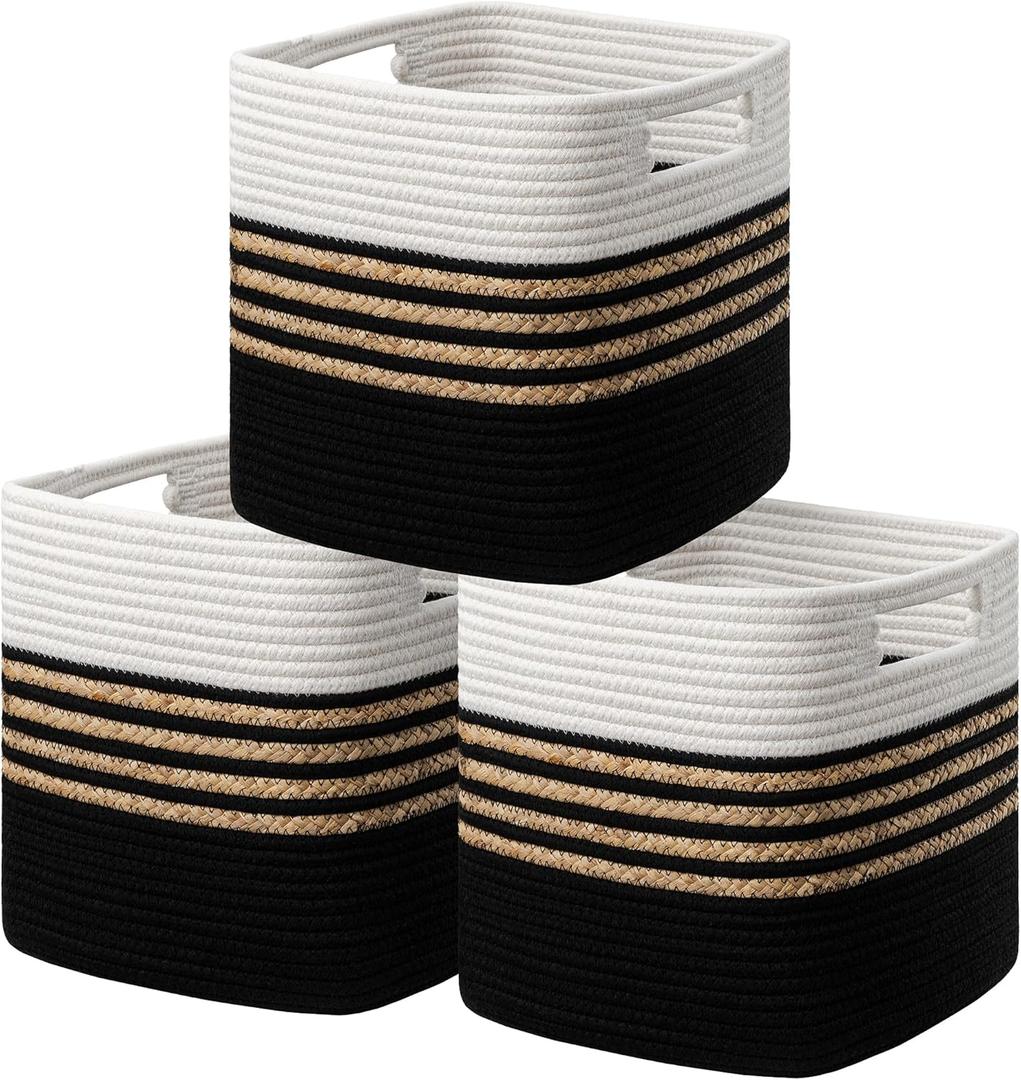 UBBCARE Set of 3 Storage Cubes 11 X 10.5 X 10.5 in, Water Hyacinth Storage Bins for Shelves, Toys, Book, Storage Baskets with Handles, Cotton Rope Woven Baskets for Organizing, Black