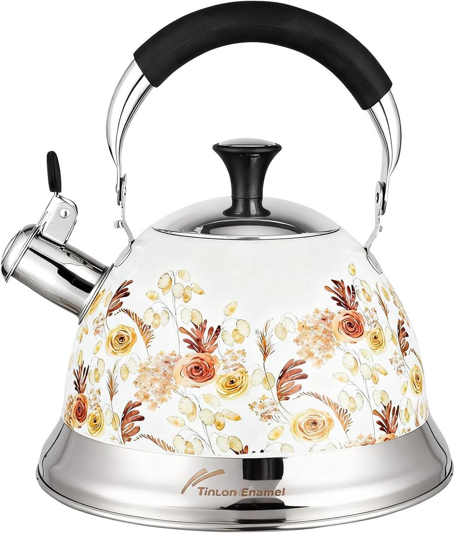 Stainless Steel Whistling Tea Kettle Stovetop - 3.1QT Tea Pot for Stove Top, Vintage Floral Print, Foldable Handle, 304 Stainless Steel Interior Teatop for Tea, Coffee, Party & Gift, 3.1 Quarts