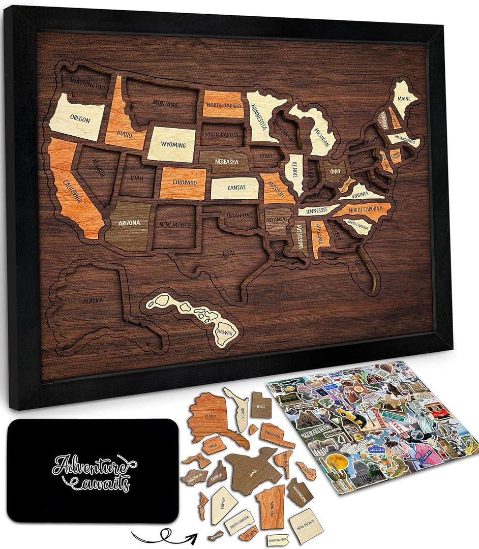 flinelife USA Travel Map, 13x11, Wooden USA Map Puzzle, Perfect For Couples and Families Gift, Mixed Puzzlem