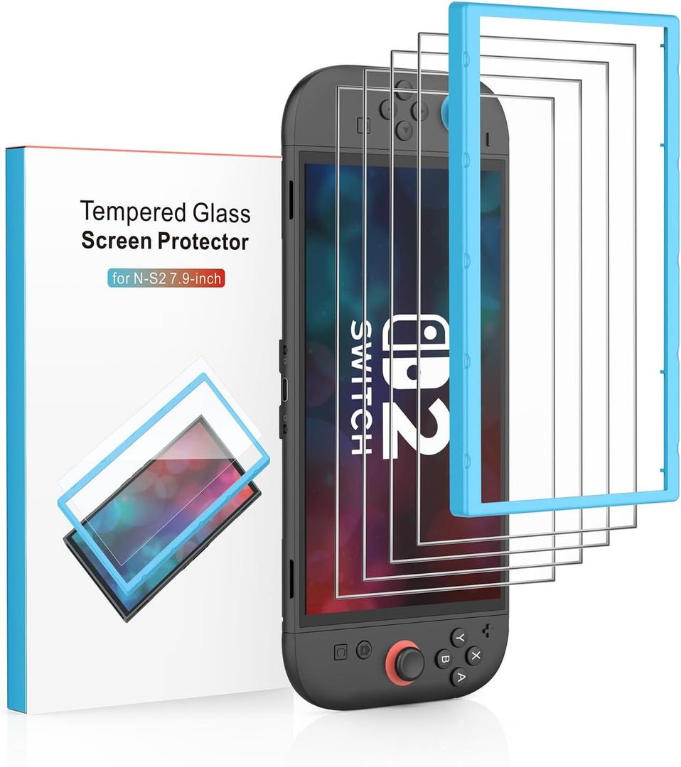 4 Pack Tempered Glass Screen Protector for Nintendo Switch 2 7.9 inch 2025, with Easy Installation Frame, Bubble Free, HD-Clear, Anti-Scratch, Touch Sensitive, Full Coverage Switch 2 accessories