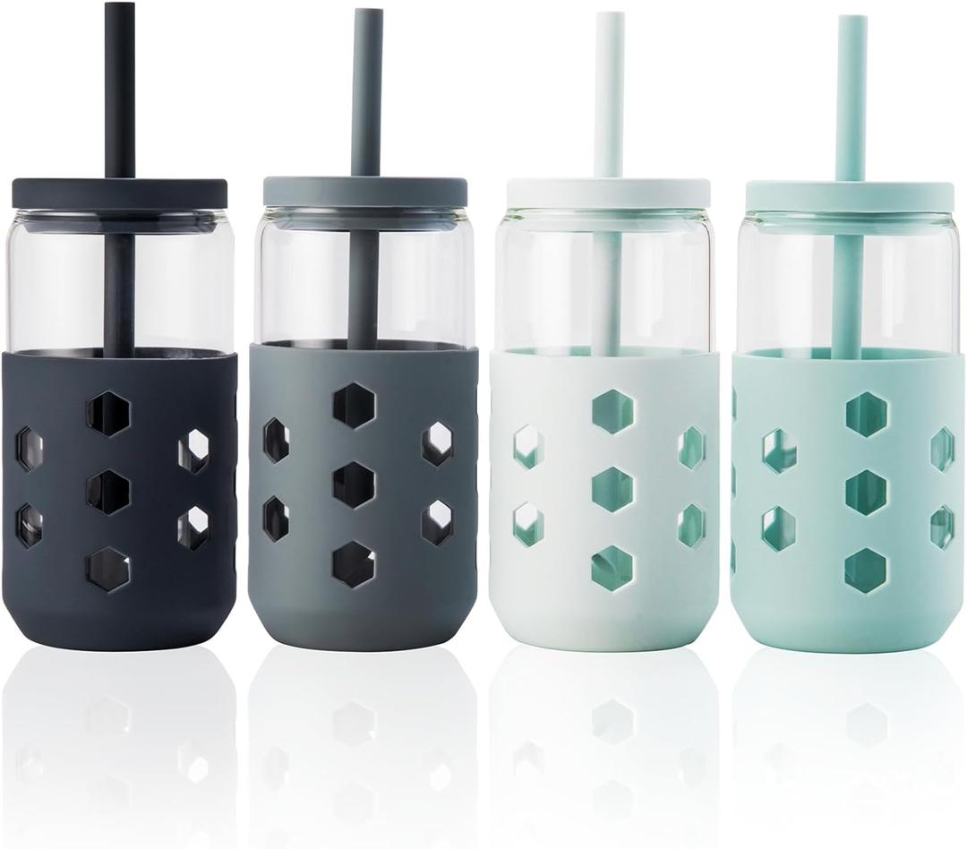 Mrsdry Glass Cups with Lids and Straws 4 Pcs, 16oz Glass Tumbler with Silicone Straw and Sleeve for Coffee Bar Accessory, Drinking Glasses Set Reusable Iced Coffee Cup - Smoothie Cup for Gifts