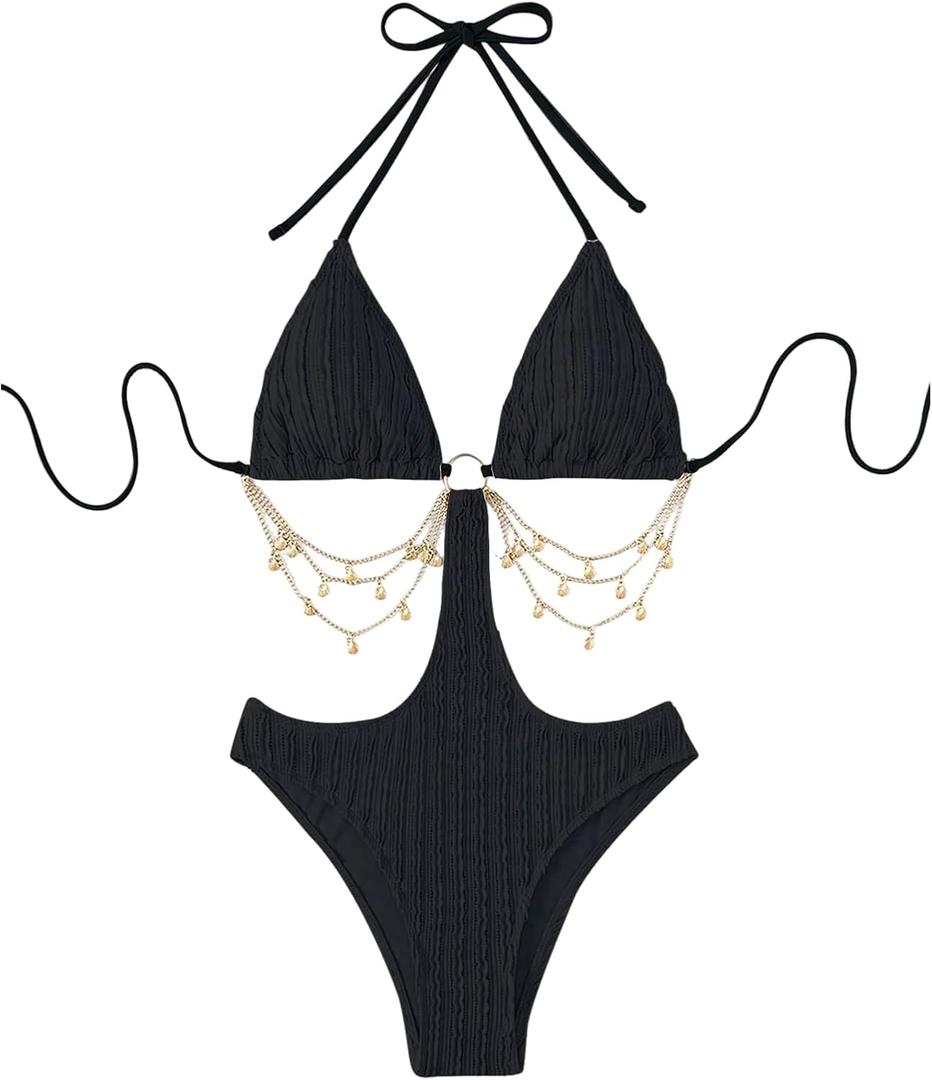 WDIRARA Women's Chain Linked Cut Out Halter One Piece Swimsuit (Large, Black)