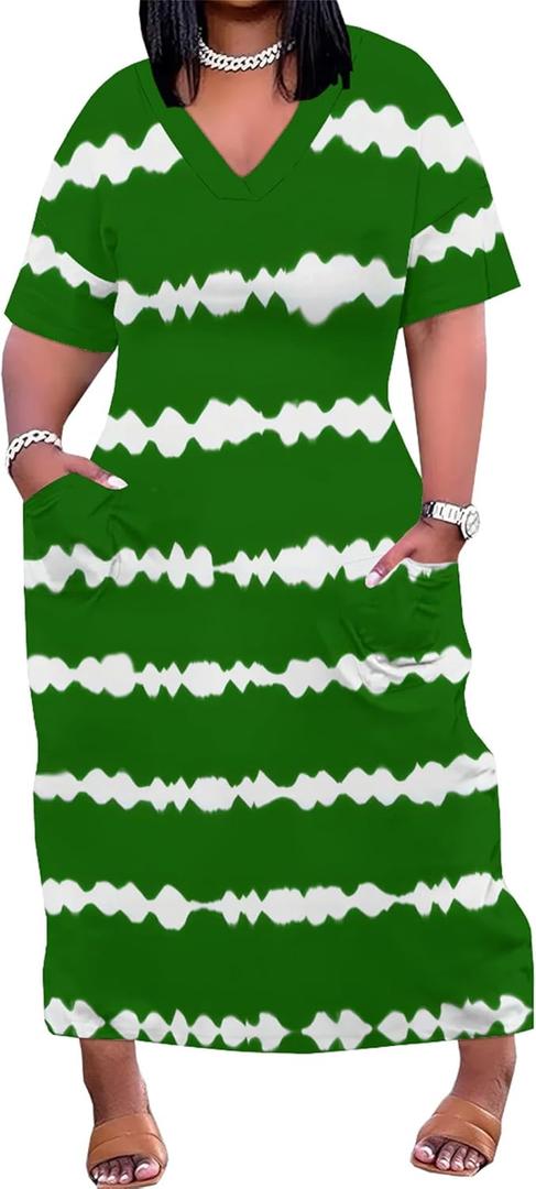 Women's Summer Plus Size Maxi Dress Casual Loose T Shirt Dress Loose Sundress Long Dress Short Sleeve Vacation Outfits with Pockets Dressy Tie Dye Stripe Green White 2XL