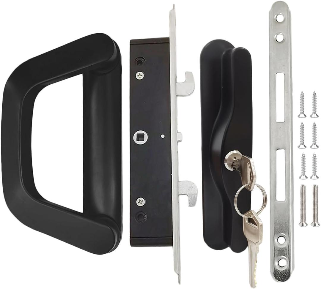 Sliding Patio Door Handle Set with Mortise Lock, Key Cylinder and Keeper, 4-15/16" Hole Spacing, Suitable for Sliding Glass Patio Door Thickness from 1.5" to 2" (Black)