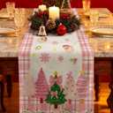 Pink Plaid Christmas Table Runner - 13x90 Santa Claus Christmas Tree Table Runner with Snowflake Merry Xmas Decor, Vintage Farmhouse Winter Decoration for Home Kitchen Dinner Party