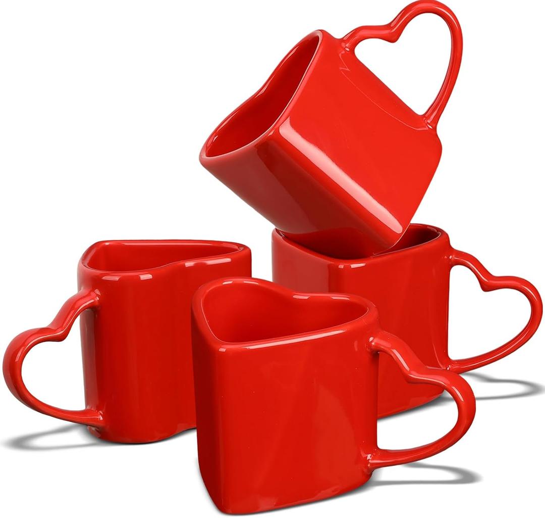 Domensi 4 Pcs 11.8 oz Valentines Heart Shaped Mugs Bulk Red Heart Coffee Cup Valentine Ceramic Mug with Handle Love Tea Cup Gift for Romantic Valentines Wedding Anniversary Couple Lover Decoration