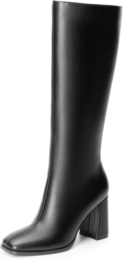 DREAM PAIRS Knee High Boots for Women Square Toe Gogo Chunky Heel with Side Zip (11, Black-pu)
