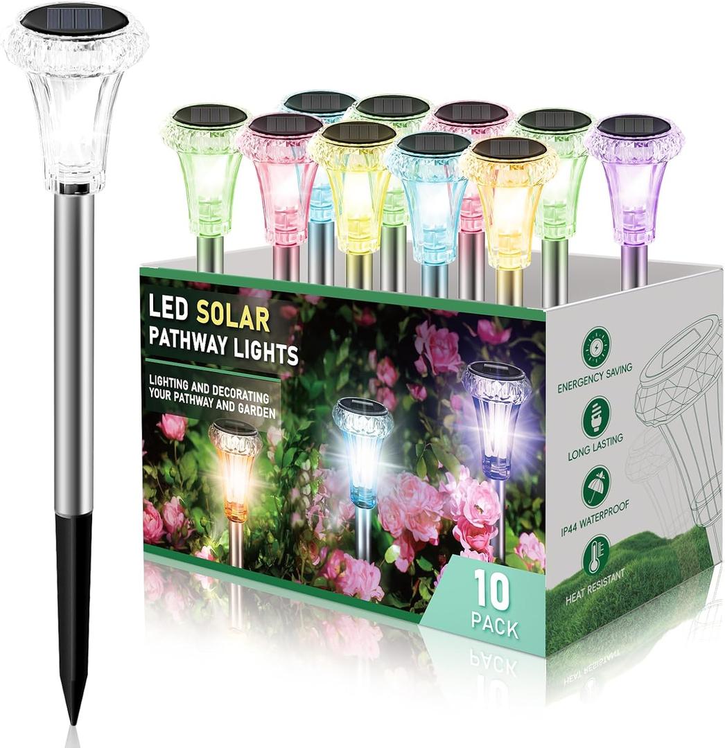 Dream Master Solar Lights Outdoor WaterproofSolar Lights for Outside Solar Garden Lights Stainless Steel Soalr Pathway Lights for Garden, Landscape, Yard, Pathway Decor- 10 Pack (Multicolor)