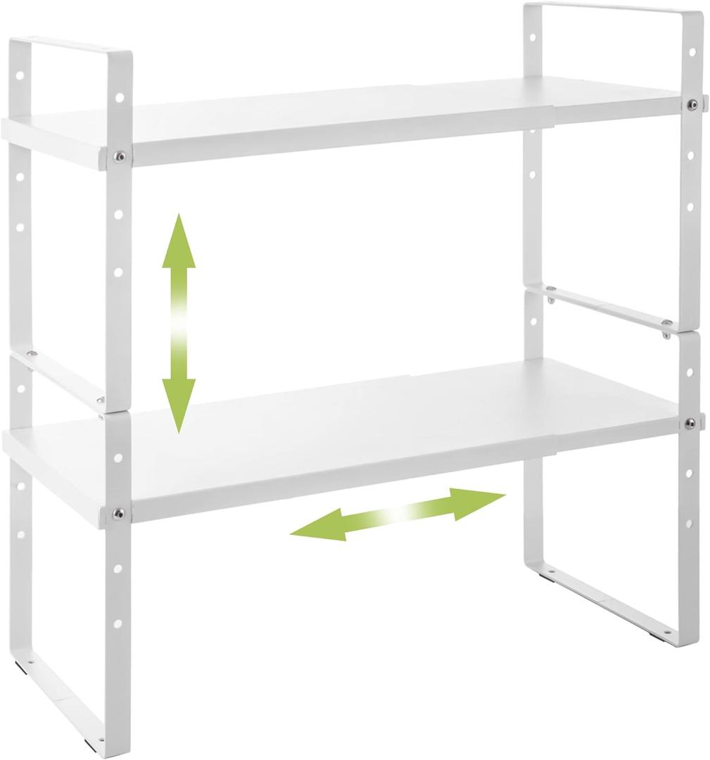 Expandable Cabinet Shelf Organizer Rack, Stackable Kitchen Counter Storage Shelves Stand, Adjustable Height Pantry Shelf Spice Rack (White, 2 Pack) (8.7''D*15.7-25.6''W*9.8''H)