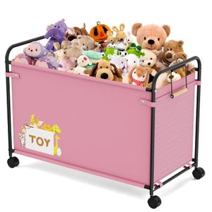 Toy Box Storage, 180L Extra Large Toy Chest with 360 Wheels, Oxford Cloth Metal Toy Box for Boys, Girls, Stuffed Animals, Clothes, Bedroom, Living Room (Pink)