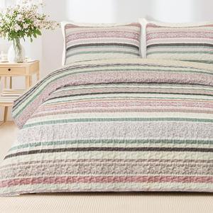 Exclusivo Mezcla Reversible Boho Quilts Queen Size, Pink Bedspreads Lightweight Coverlet All Season Bohemian Quilt Bedding Set with Printed Striped Floral Pattern (1 Quilt, 2 Pillow Shams)