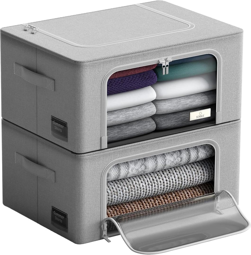 Sorbus Storage Bins with Metal Frame - Stackable & Foldable Clothes Organizer Bags - Oxford Fabric Storage Containers with Large Clear Window & Carry Handles, Bedroom Organization for Bedding & Linen (2 Pack, Gray)
