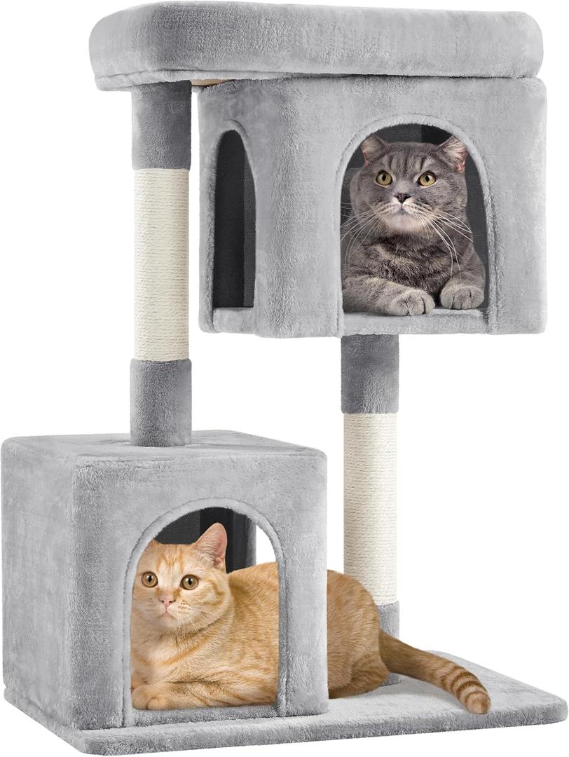 Yaheetech 33.5in Cat Tree Tower for Indoor Cats w/2 Cozy Plush Condos, Oversized Perch & Sisal Scratching Posts, Stable Cat Stand House for Large Cats & Pets, Light Gray