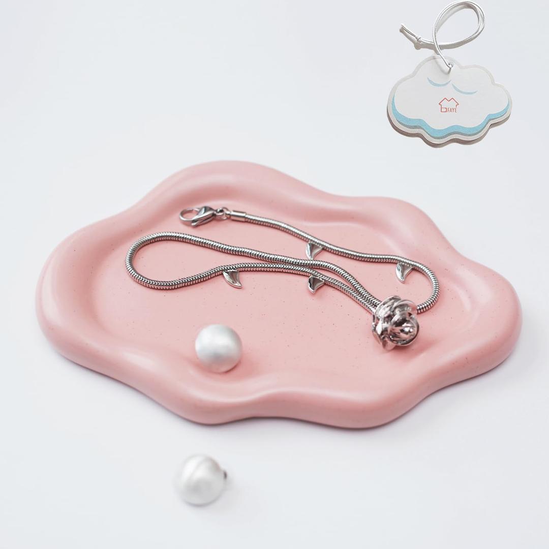 MDFAYE Jewelry Dish Trinket Tray for Women, Ring Dish Holder, Unique Cloud Shape Ceramic Plate Cute Things Vanity Aesthetic Room Decor Mother's Day Birthday Christmas Warm House Gifts (Pink)