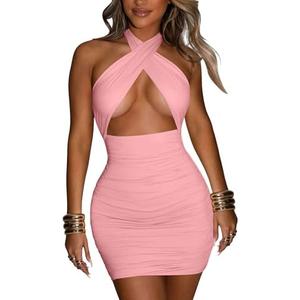 Women's Sexy Ruched Bodycon Halter Criss Cross Cut Out Backless Mini Club Party Dresses Size S