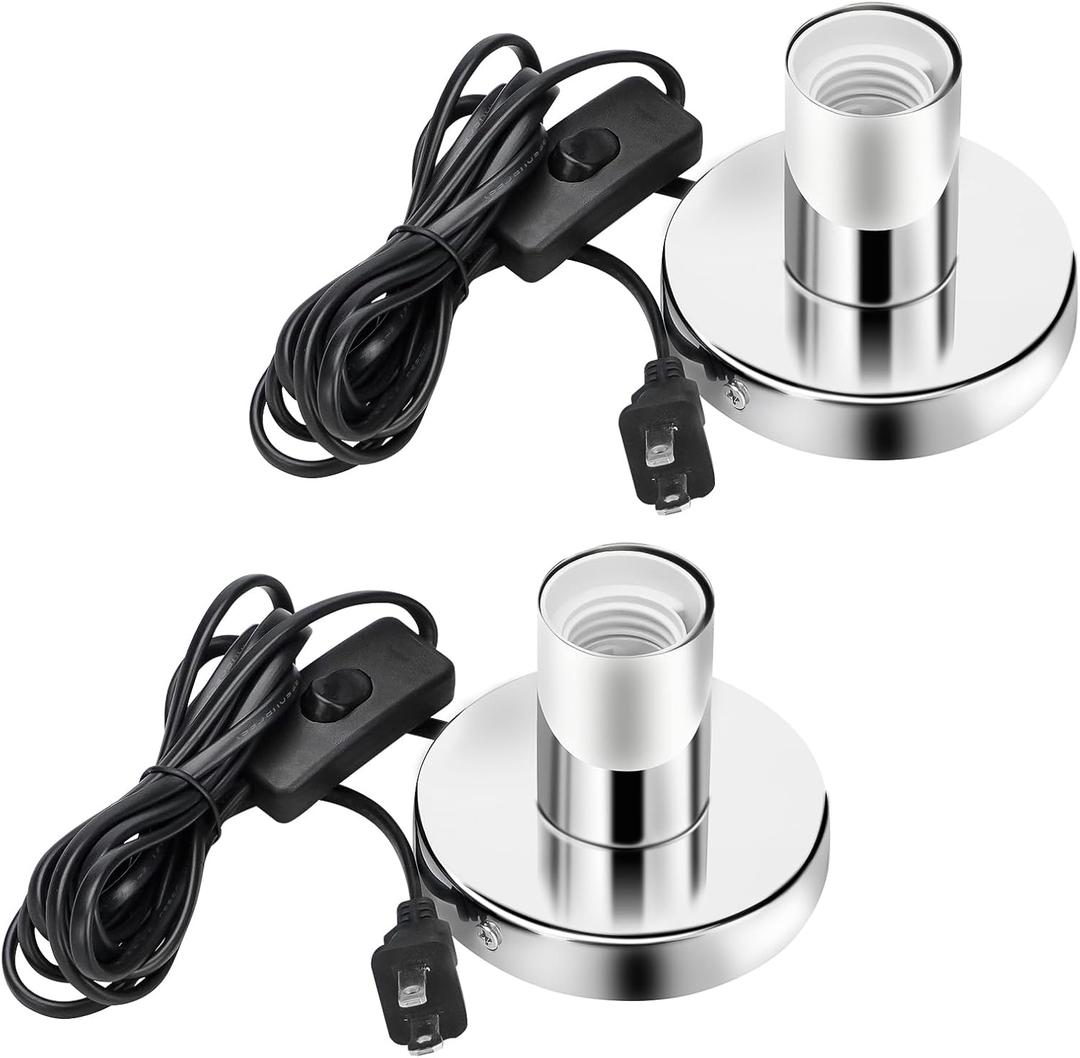 Bestview Polished Metal Desktop Lamp Base, Small Industrial Table Lamp, Simple E26/E27 Screw Light Socket Edison Bulb Holder with Cord On/Off Switch US Plug (Silver, 2 Pack)