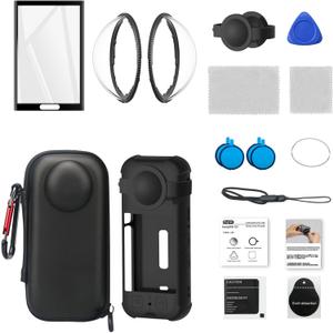 Camera Protective Kit Compatible with Insta360 X3  Includes Silicone Cover, Tempered Glass Screen Protector, 2 Lens Guards, EVA Storage Case with Buckle, Lanyard & Dust Removal Kit
