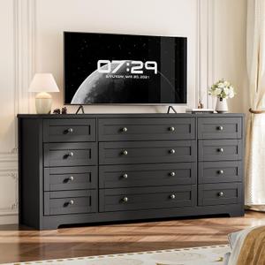Hetoy 12 Drawer Wood Dresser for Bedroom 63" Wide Chest of Drawers, Modern Storage Cabinet for Living Room, Hallway, Entryway, Fits 65 Inch TV, Sturdy Wood Construction - Black, 63" W x 29.5" H x 15.8" D