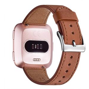 WFEAGL Leather Band for Fitbit Versa - Top Grain Leather Replacement Strap (Brown + Silver Buckle)