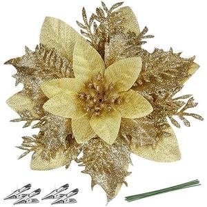 FurRain Christmas Poinsettia Artificial Flowers Decorations 5.5" Christmas Tree Wreaths Garland Decoration 12 Pcs Glitter Flowers Picks Decor for Xmas New Wedding Party Ornaments (Champagne)