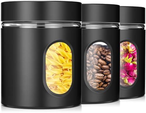Mimorou 3 Pcs Stainless Steel Canister Set with Glass Windows Visible Storage Jars Silver Kitchen Canister Set for Pasta Flour Oat Sugar Container, Kitchen Tools, Housewarming Gifts (Black,20 oz)