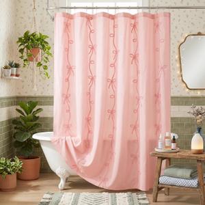 Seasonwood Pink Bow Shower Curtain,Cute Cording Bow Embroidery Shower Curtain,Pretty Girly Shower Curtains for Bathroom,Aesthetic Bathroom Decor(Pink,72x72 Inches)