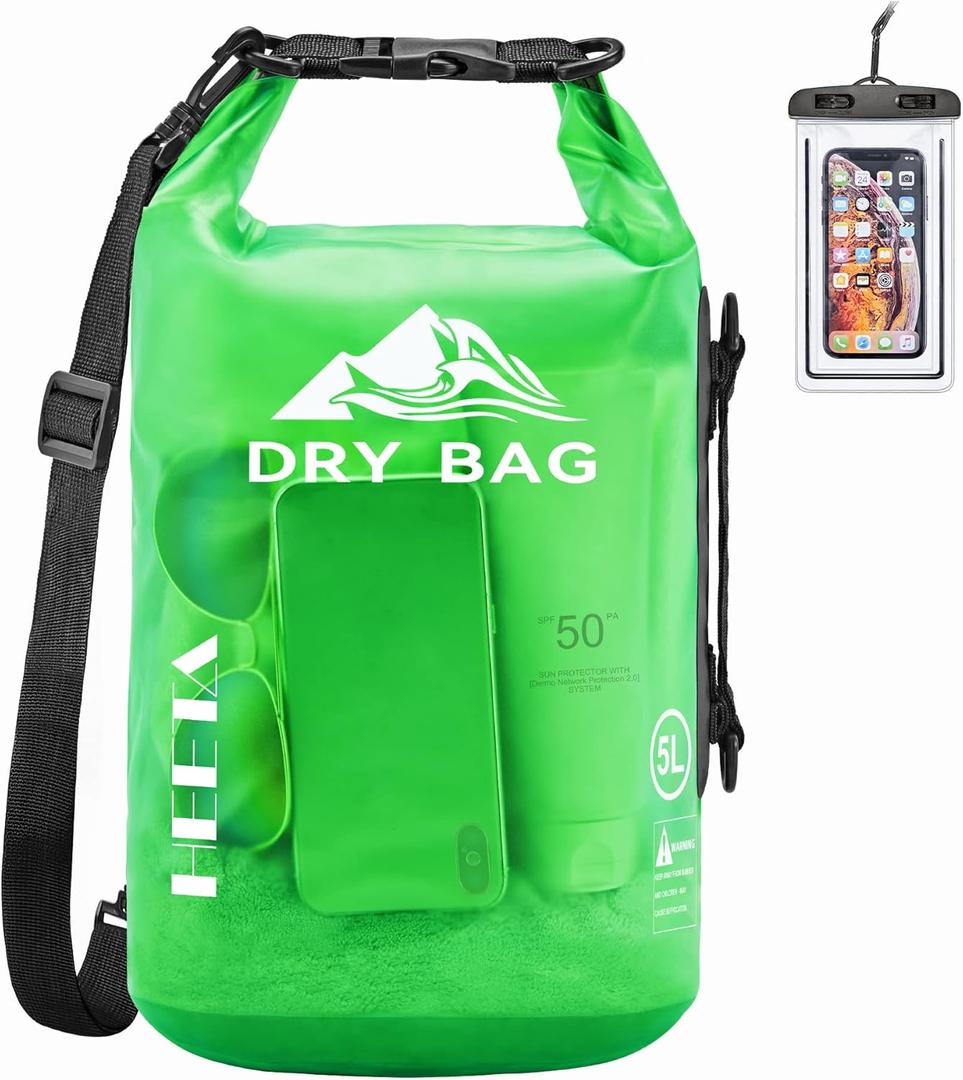 HEETA Dry Bag Waterproof for Women Men, 5L/10L/20L/30L/40L Roll Top Lightweight Dry Storage Bag Backpack with Phone Case for Travel Swimming Boating Kayaking Paddle Board Camping Beach Accessories (Green, 10L)