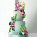 Flamingo Cake Toppers Summer Cake Decorations with Palm Leaf Green Hot Pink Pearl Ball Cake Toppers for Tropical Hawaiian Beach Luau Themed Birthday Supplies (Style 2)